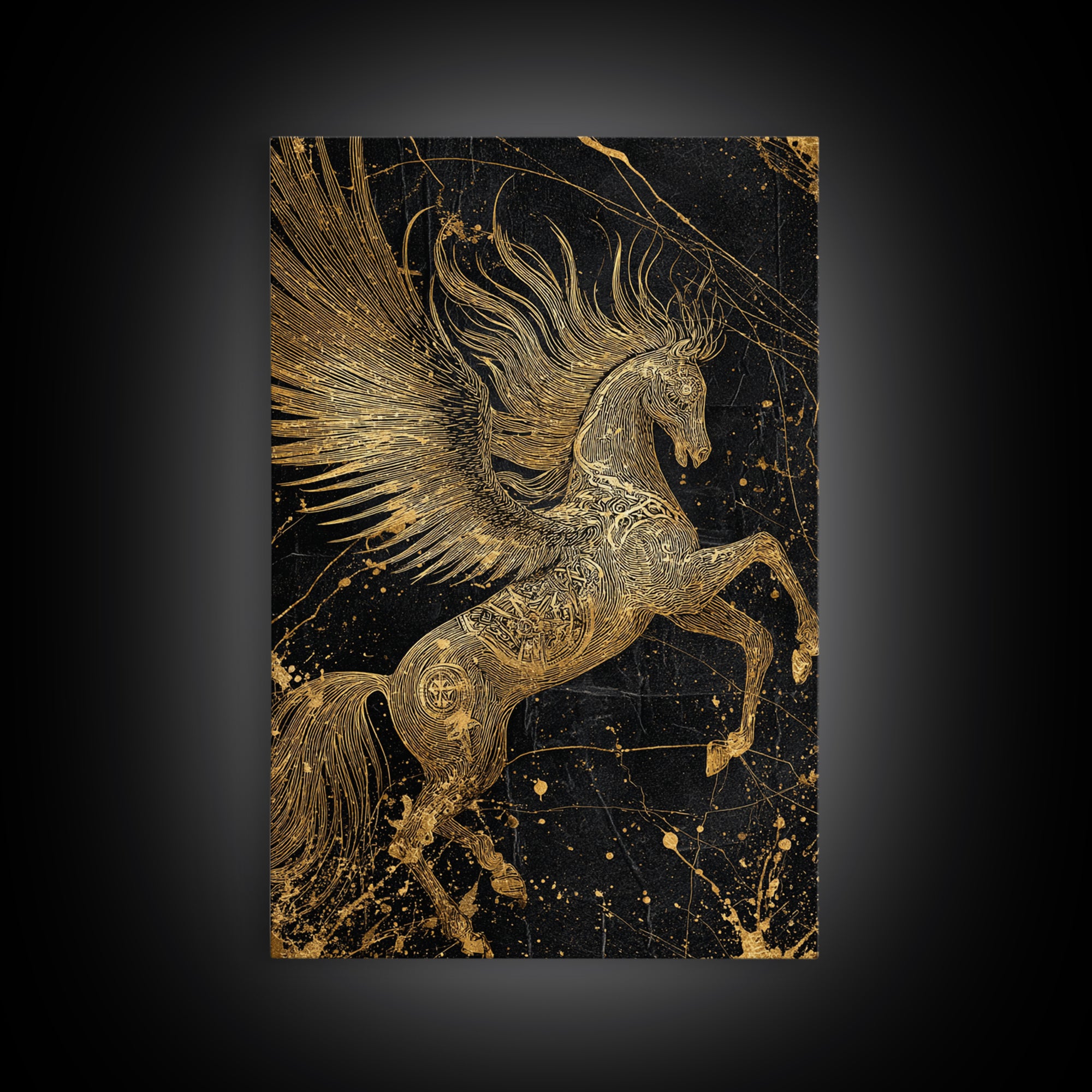 Abstract Pegasus Canvas Gold Art, Mythology Wall Print, Unique Equine Design, Real Wood Framed Modern Mythical Artwork