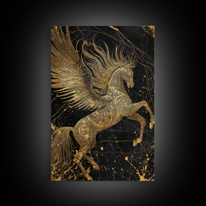 Abstract Pegasus Canvas Gold Art, Mythology Wall Print, Unique Equine Design, Real Wood Framed Modern Mythical Artwork