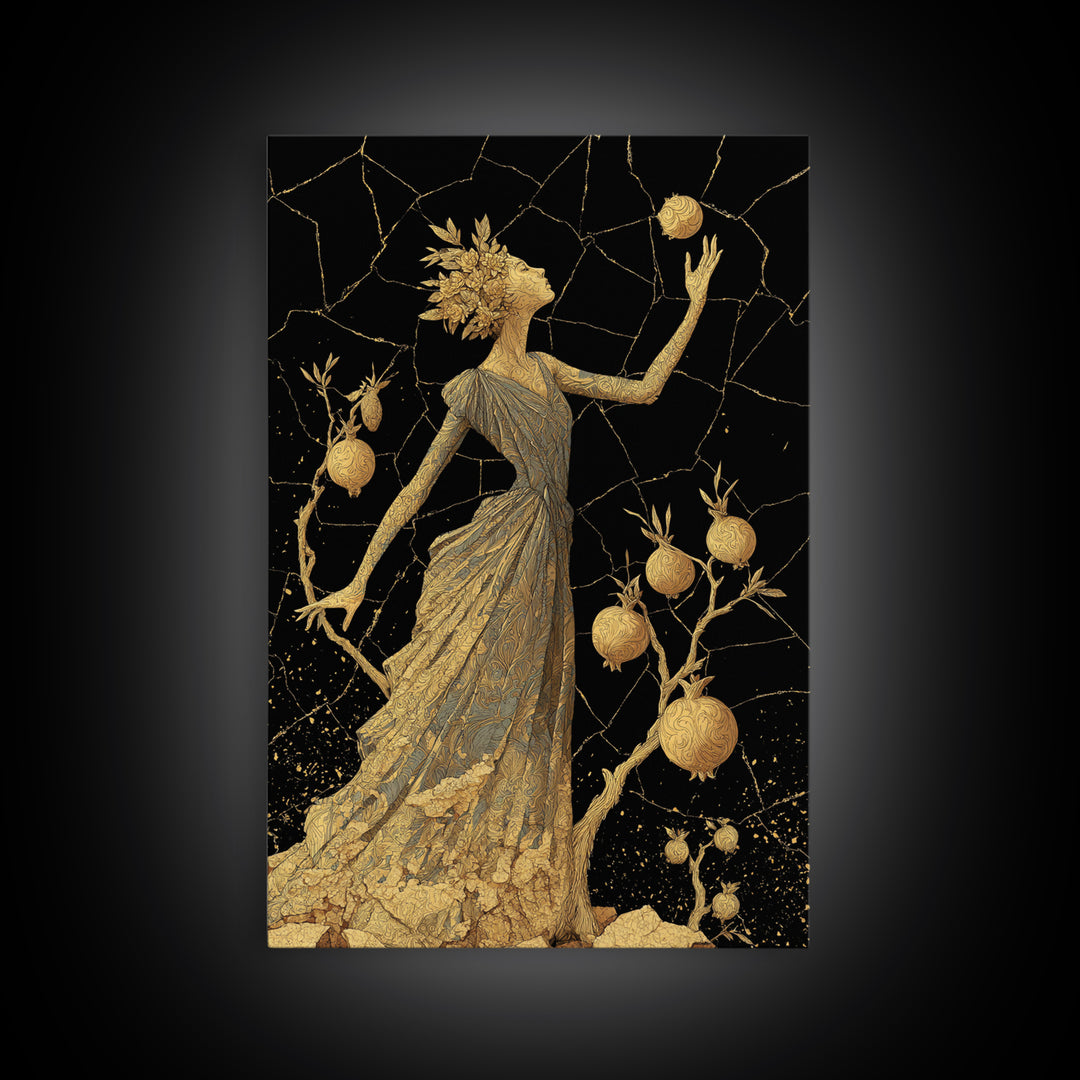 Persephone With Pomegranates Canvas Gold Canvas Print, Mythology Wall Art, Elegant Greek Goddess Decor, Real Wood Frame