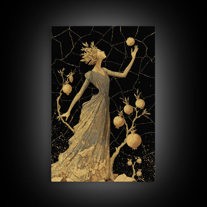 Persephone With Pomegranates Canvas Gold Canvas Print, Mythology Wall Art, Elegant Greek Goddess Decor, Real Wood Frame