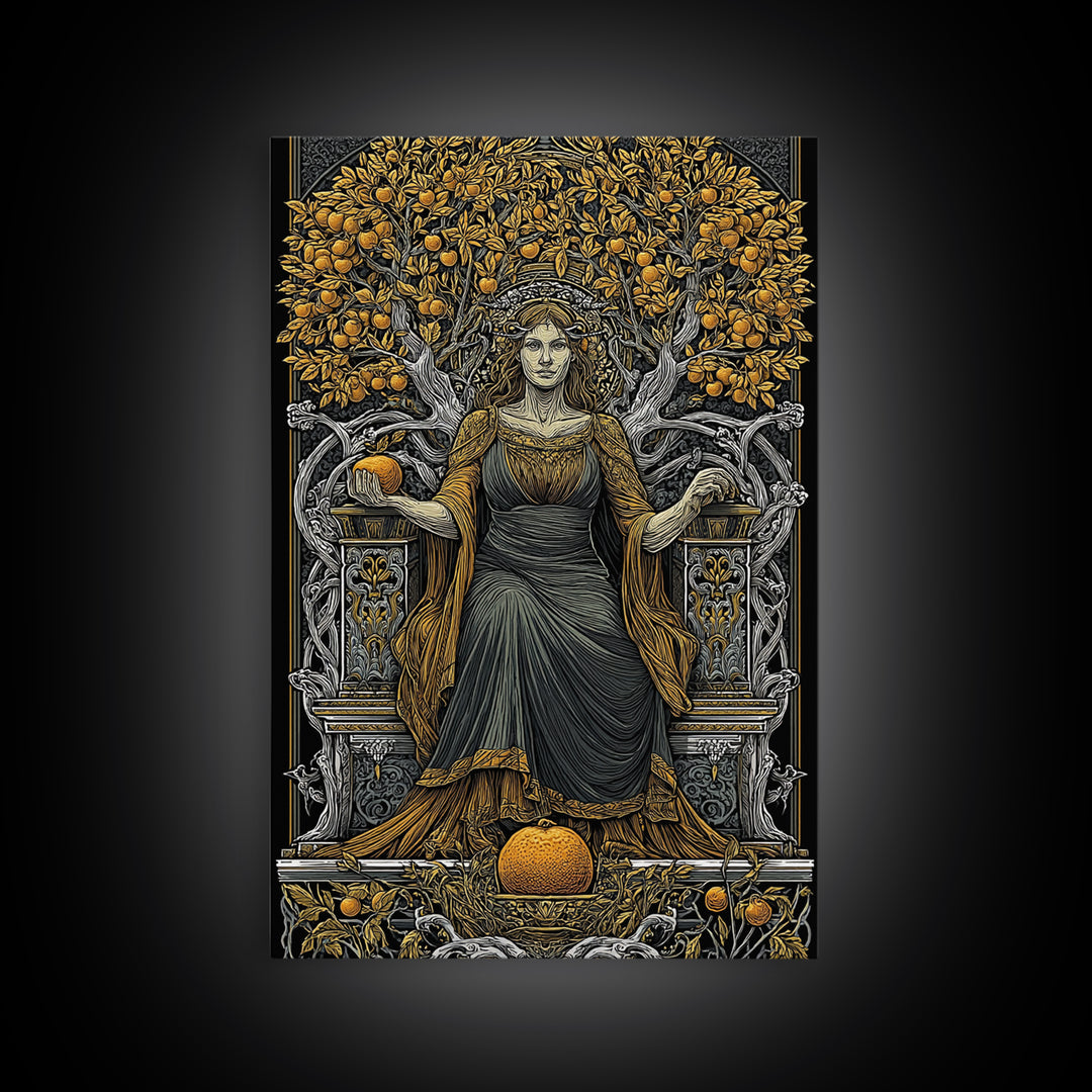 Seated Persephone Canvas Gold Canvas Print, Goddess Of Fertility Wall Art, Mythological Decor, Real Wood Framed Artwork