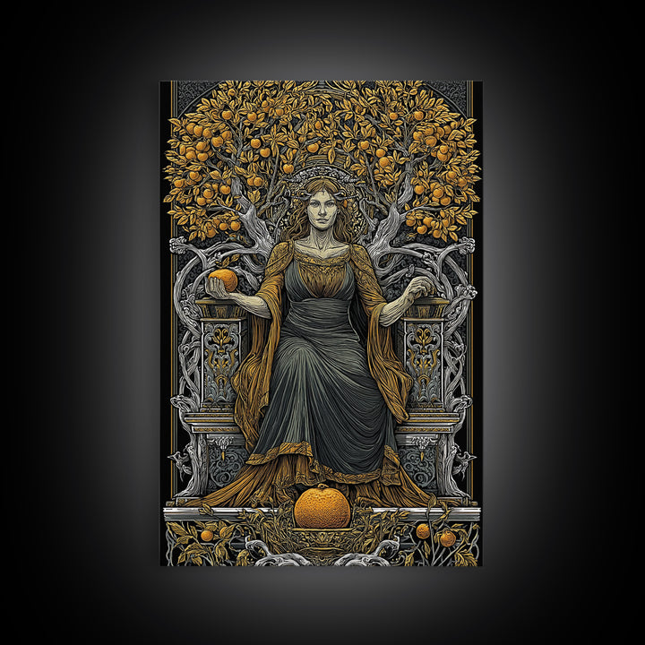 Seated Persephone Canvas Gold Canvas Print, Goddess Of Fertility Wall Art, Mythological Decor, Real Wood Framed Artwork