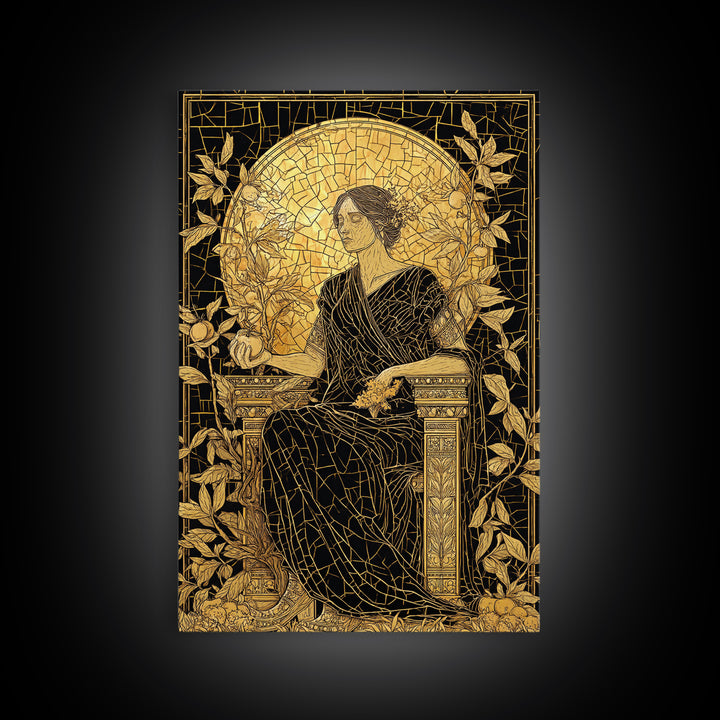 Persephone Mosaic Style Canvas Gold Canvas Print, Mythology Wall Art, Goddess Decor, Elegant Greek Inspired Real Wood Frame