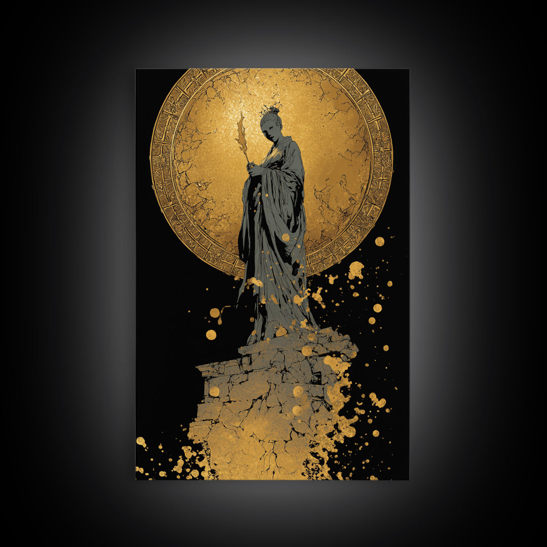 Goddess Statue Canvas Gold Canvas Print, Ancient Mythology Wall Art, Elegant Female Figure Artwork, Real Wood Framed Decor