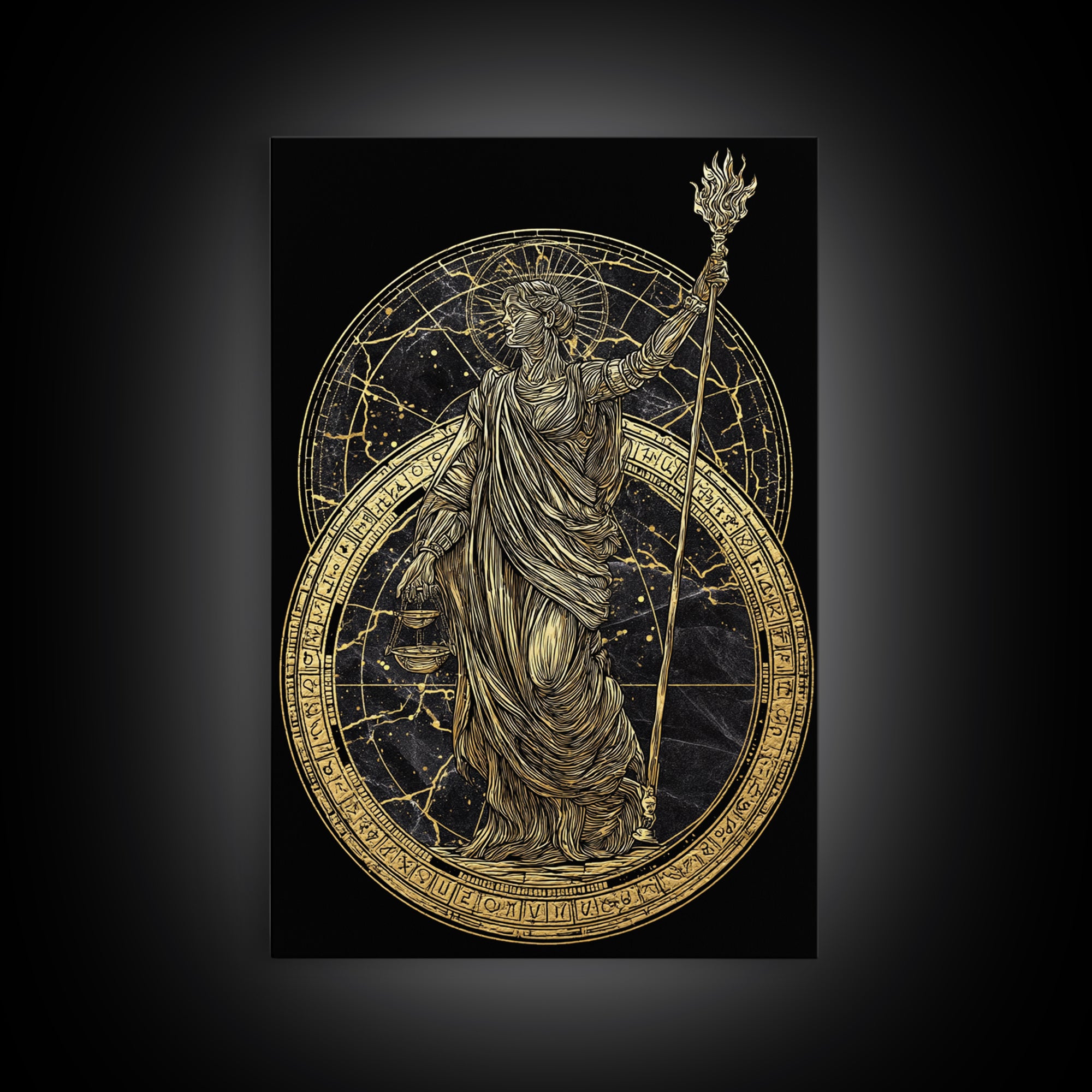 Divine Justice Canvas Gold Canvas Print, Goddess With Torch Wall Art, Mythological Decor, Real Wood Framed Elegant Artwork