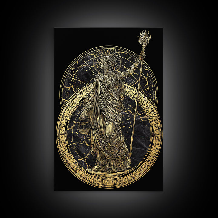 Divine Justice Canvas Gold Canvas Print, Goddess With Torch Wall Art, Mythological Decor, Real Wood Framed Elegant Artwork