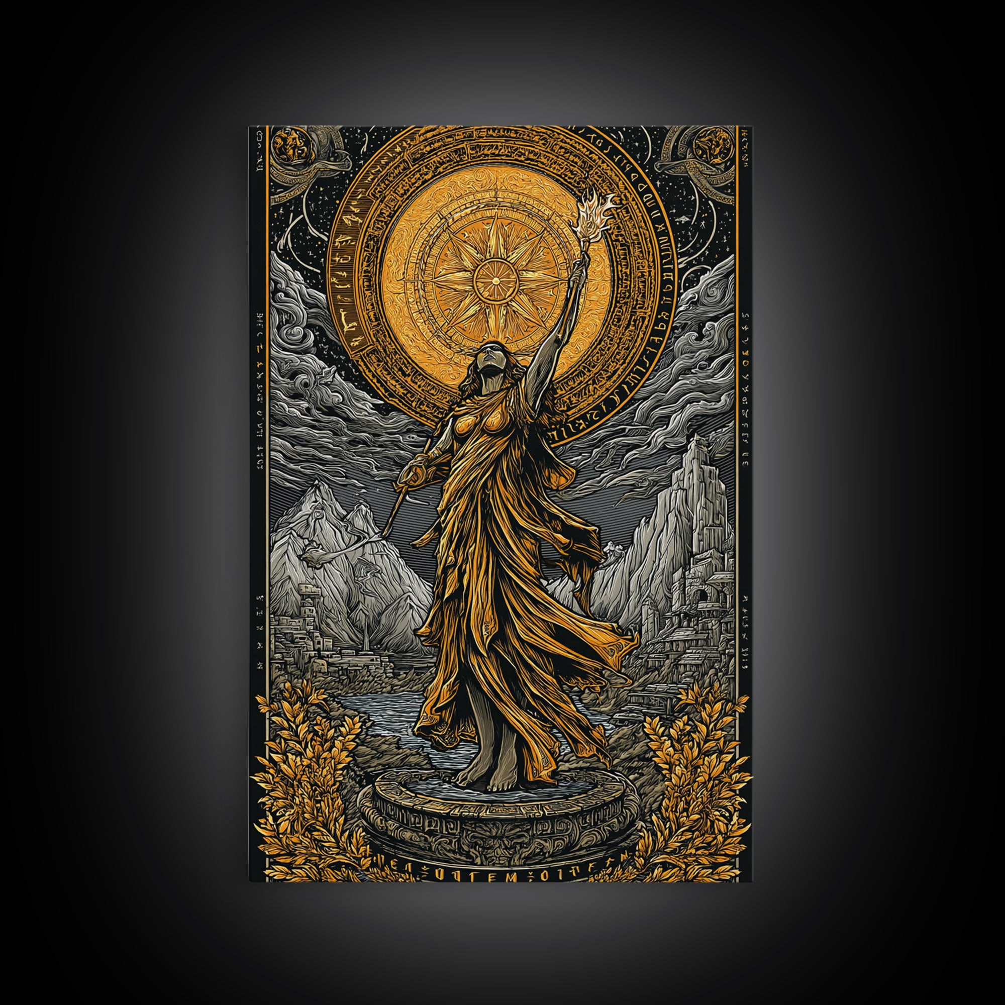 Celestial Goddess Canvas Gold Canvas Print, Mythology Wall Art, Radiant Female Figure Artwork, Real Wood Framed Luxurious Decor