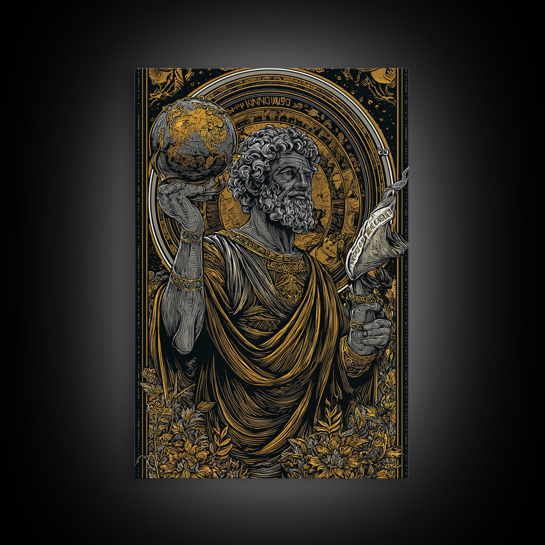 Classical Philosopher Holding Globe Canvas Gold Canvas Print, Ancient Scholar Canvas Gold Art, Real Wood Framed Mythology Decor