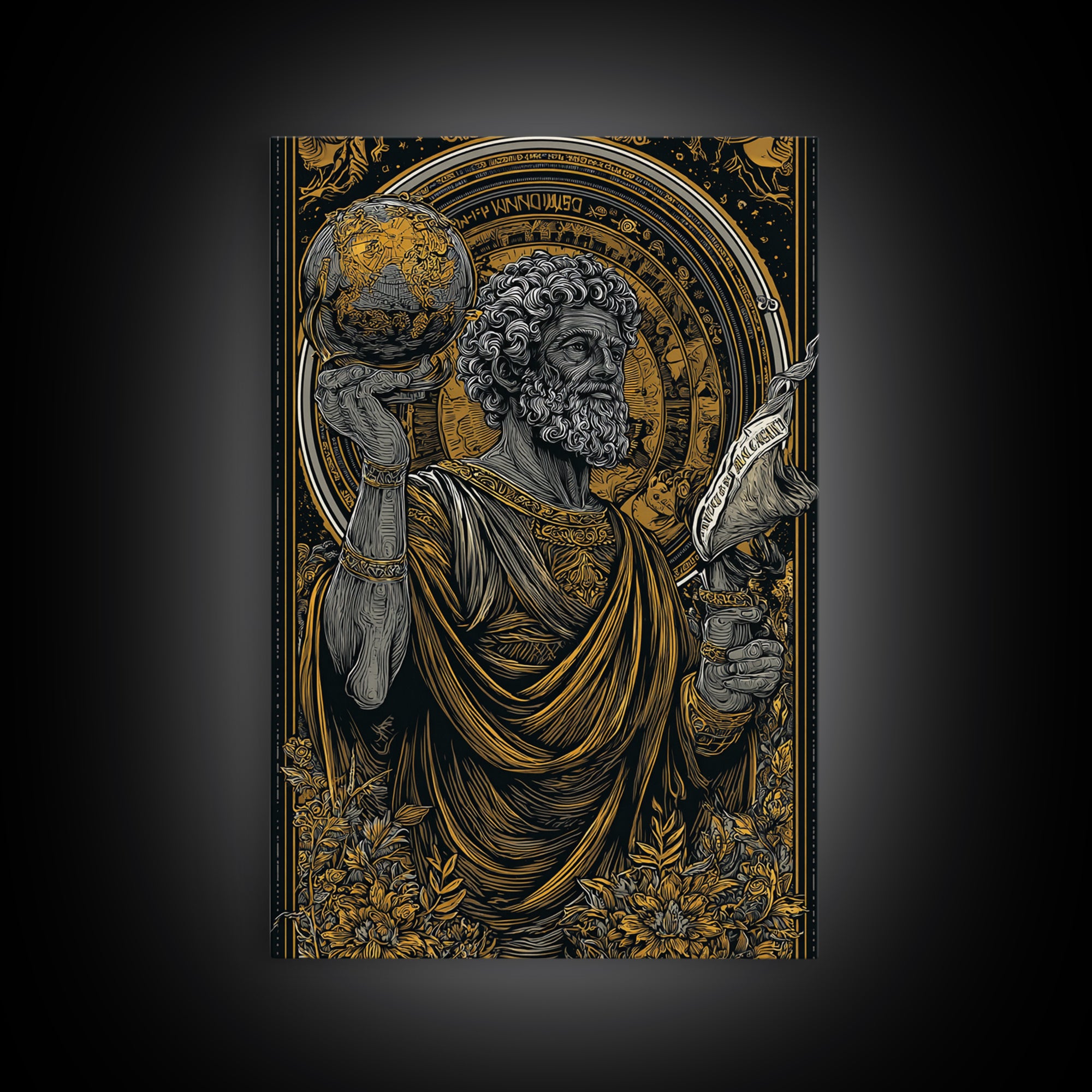 Classical Philosopher Holding Globe Canvas Gold Canvas Print, Ancient Scholar Canvas Gold Art, Real Wood Framed Mythology Decor