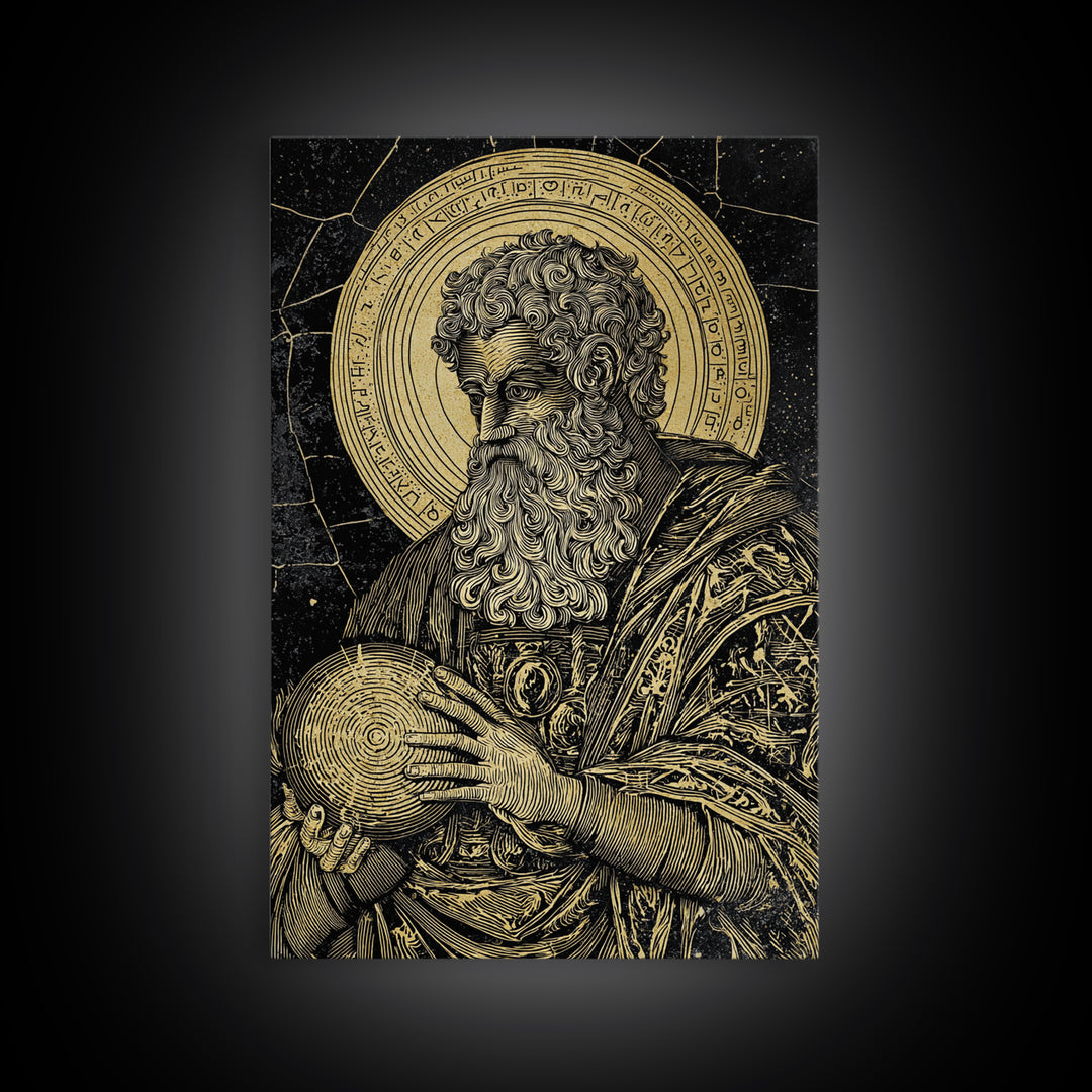 Ancient Philosopher Portrait Canvas Gold Canvas Print, Scholar With Cosmic Halo Canvas Gold Art, Real Wood Frame Historical Wall Art