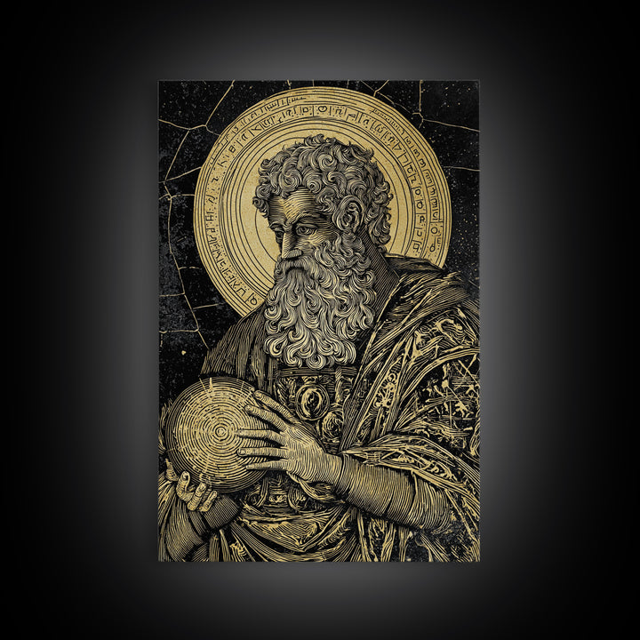 Ancient Philosopher Portrait Canvas Gold Canvas Print, Scholar With Cosmic Halo Canvas Gold Art, Real Wood Frame Historical Wall Art