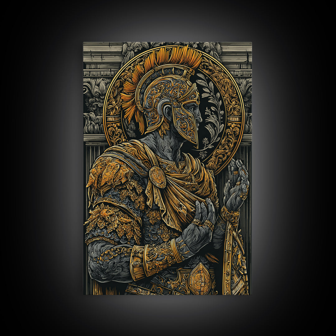 Roman General Warrior Canvas Gold Canvas Print, Gladiator Armor Portrait Canvas Gold Art, Real Wood Frame Classical Mythology Decor