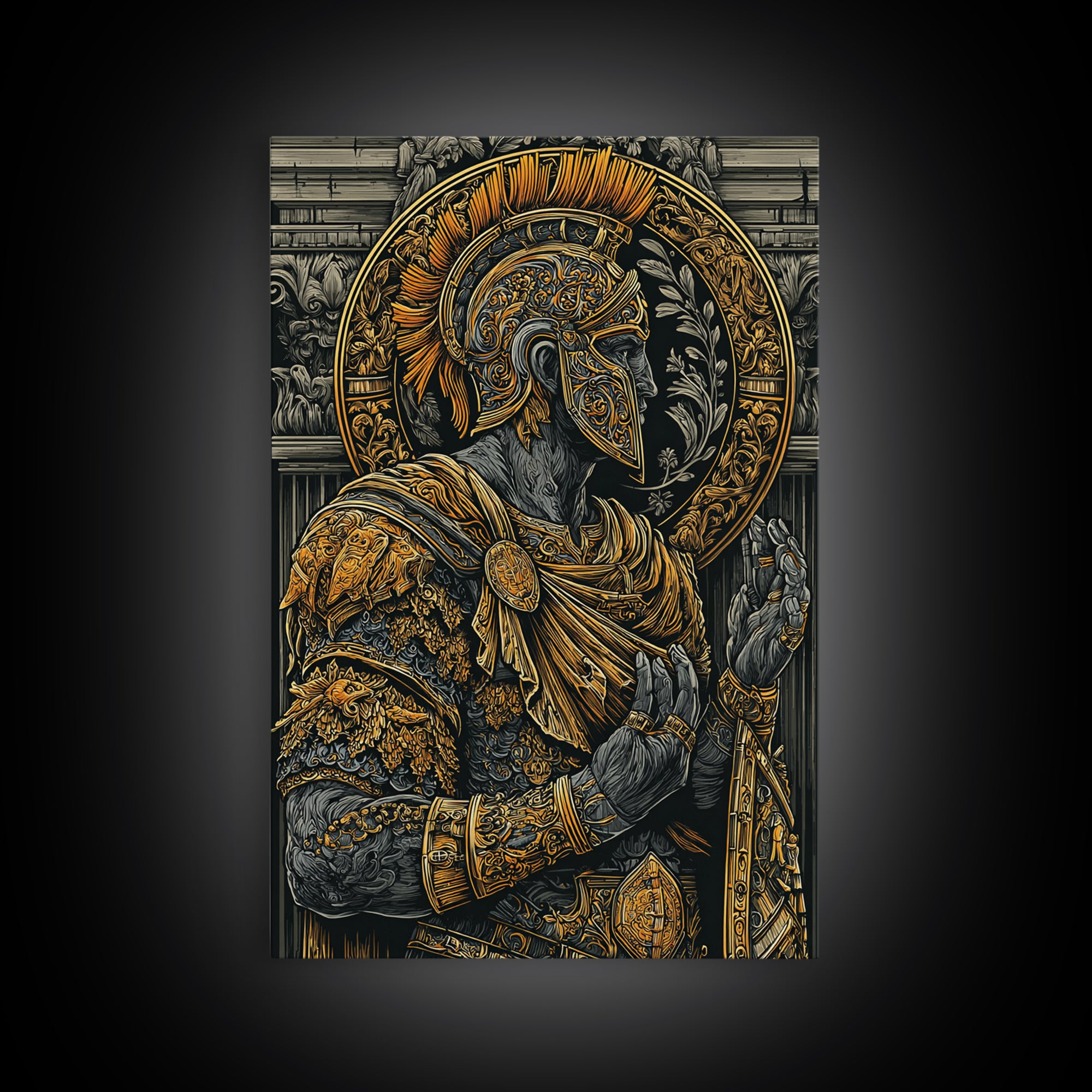 Roman General Warrior Canvas Gold Canvas Print, Gladiator Armor Portrait Canvas Gold Art, Real Wood Frame Classical Mythology Decor
