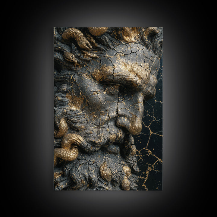 Mythological Sea God Bust Canvas Gold Canvas Print, Ancient Ocean Deity Canvas Gold Art, Real Wood Frame Classical Myth Sculpture