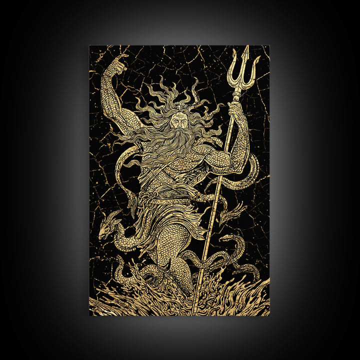 Poseidon Sea God With Serpent Canvas Gold Canvas Print, Ocean Deity With Trident Canvas Gold Art, Real Wood Frame Mythological Decor