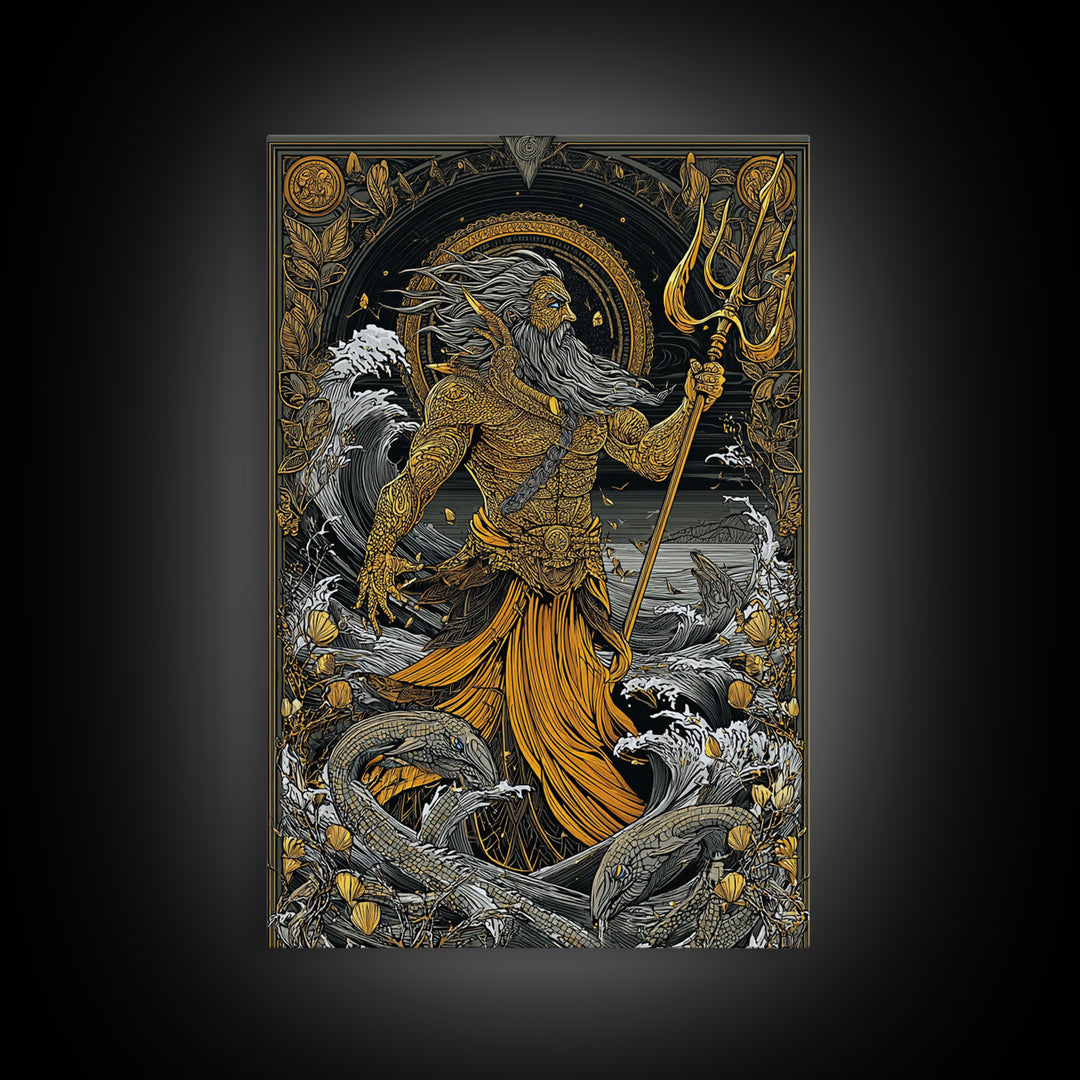 Poseidon Mythical Sea God Canvas Gold Canvas Print, Ocean Trident Warrior Canvas Gold Art, Real Wood Frame Ancient Mythology Decor