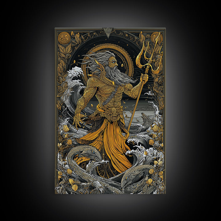 Poseidon Mythical Sea God Canvas Gold Canvas Print, Ocean Trident Warrior Canvas Gold Art, Real Wood Frame Ancient Mythology Decor