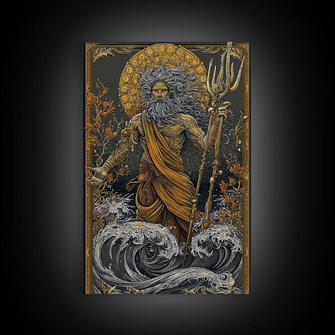 Poseidon Ocean God With Trident Canvas Gold Canvas Print, Mythical Sea Deity Canvas Gold Art, Real Wood Frame Mythology Wall Art