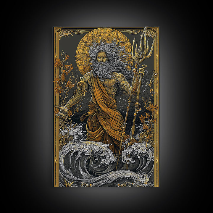 Poseidon Ocean God With Trident Canvas Gold Canvas Print, Mythical Sea Deity Canvas Gold Art, Real Wood Frame Mythology Wall Art