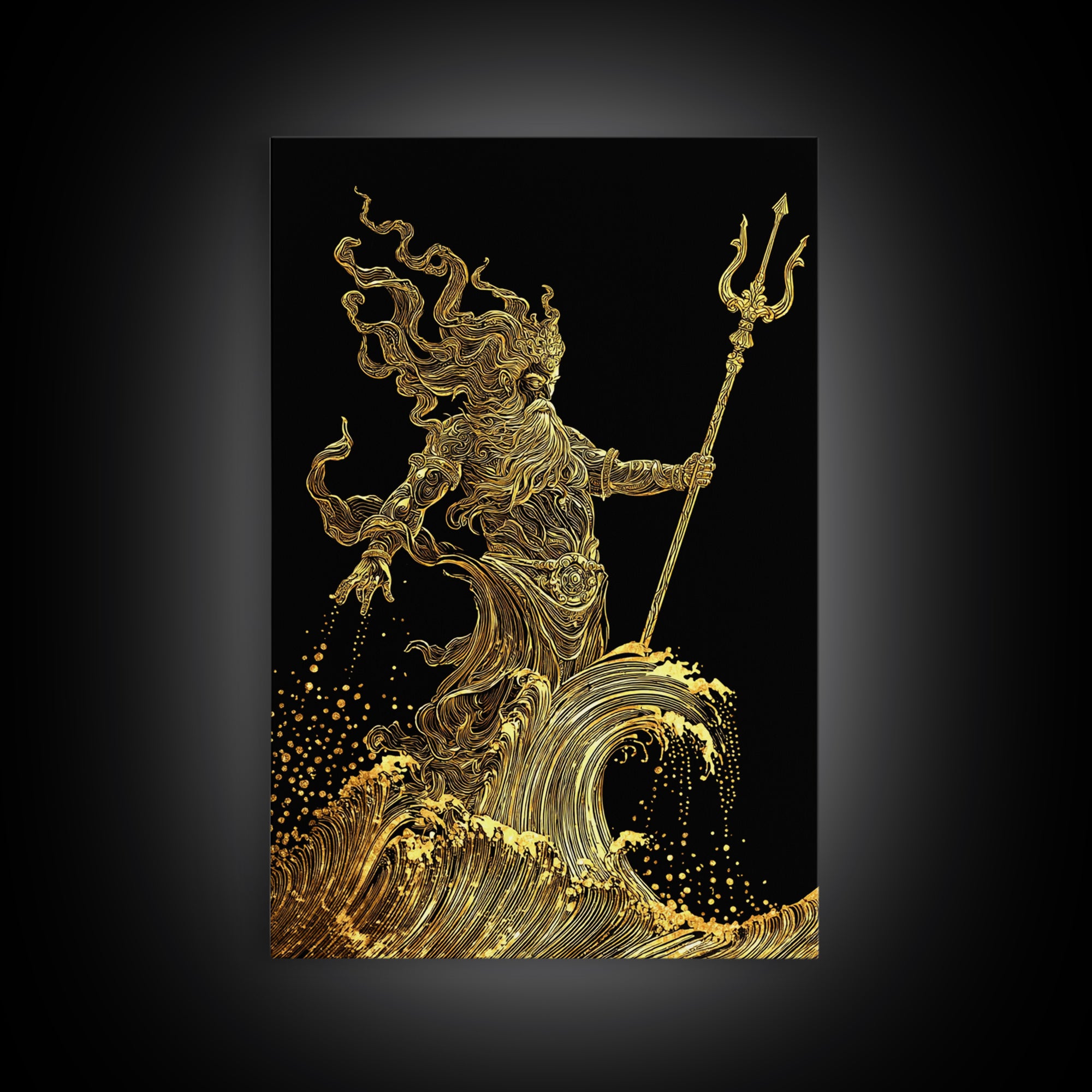 Poseidon Sea God Statue Canvas Gold Canvas Print, Ocean Deity With Waves Canvas Gold Art, Real Wood Frame Classical Mythology Decor