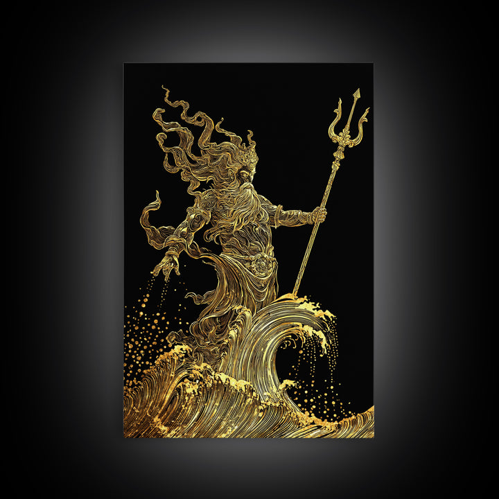Poseidon Sea God Statue Canvas Gold Canvas Print, Ocean Deity With Waves Canvas Gold Art, Real Wood Frame Classical Mythology Decor