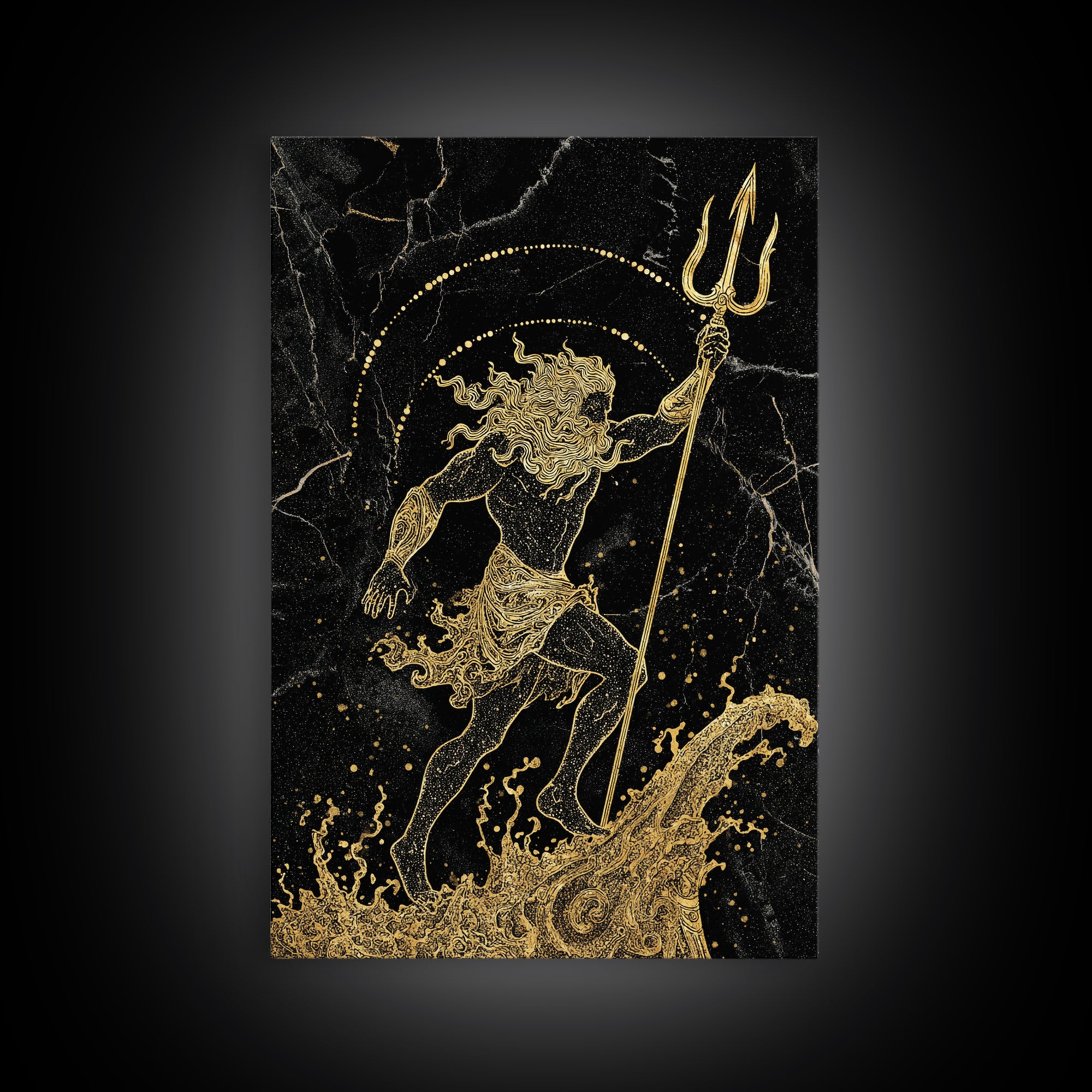 Poseidon Ruler Of The Seas Canvas Gold Canvas Print, Ancient Trident God Canvas Gold Art, Real Wood Frame Mythological Wall Decor