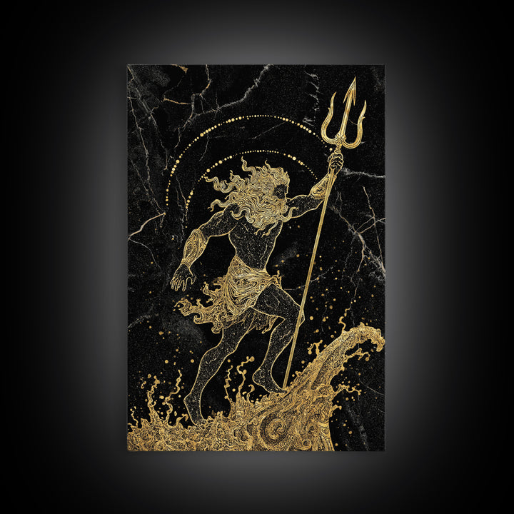 Poseidon Ruler Of The Seas Canvas Gold Canvas Print, Ancient Trident God Canvas Gold Art, Real Wood Frame Mythological Wall Decor