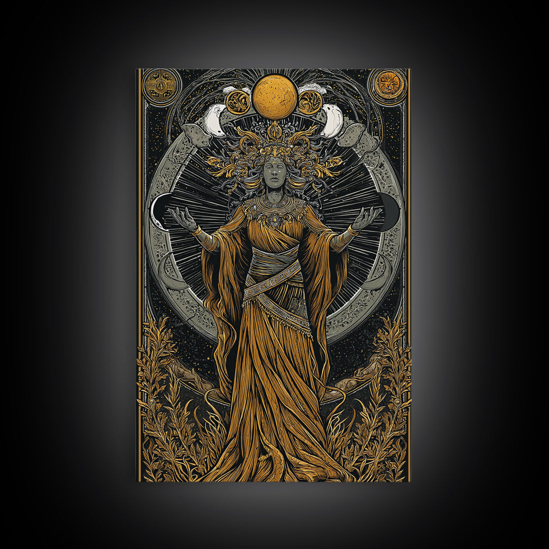 Selene Canvas Gold Canvas Print, Moon Goddess Art, Real Wood Frame, Mythology Wall Decor, Celestial Luxury Artwork