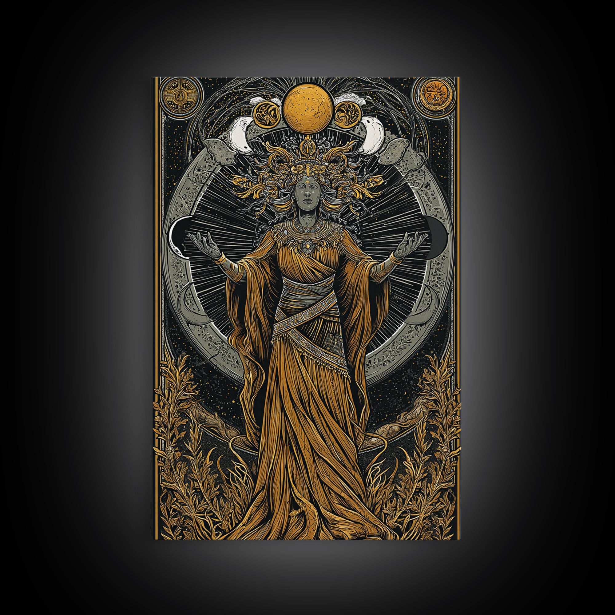 Selene Canvas Gold Canvas Print, Moon Goddess Art, Real Wood Frame, Mythology Wall Decor, Celestial Luxury Artwork