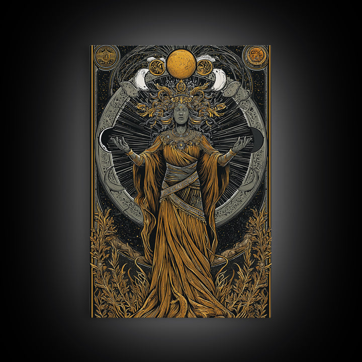 Selene Canvas Gold Canvas Print, Moon Goddess Art, Real Wood Frame, Mythology Wall Decor, Celestial Luxury Artwork