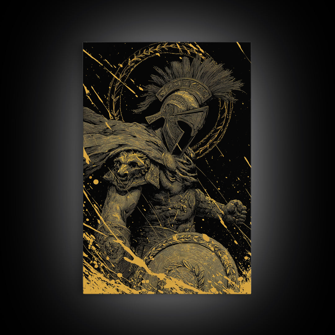 Ares Canvas Gold Canvas Print, Greek God Of War Art, Real Wood Frame, Warrior Decor, Mythology Luxury Canvas Artwork