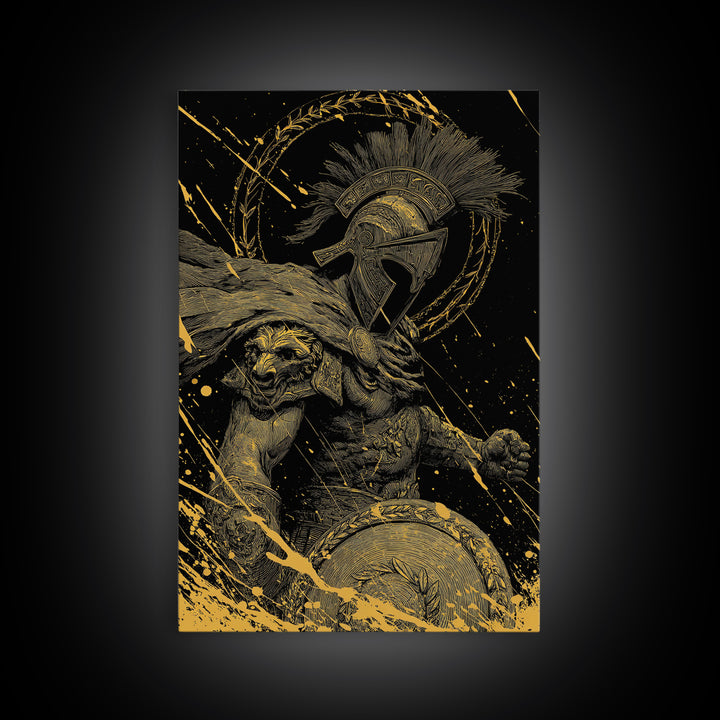 Ares Canvas Gold Canvas Print, Greek God Of War Art, Real Wood Frame, Warrior Decor, Mythology Luxury Canvas Artwork