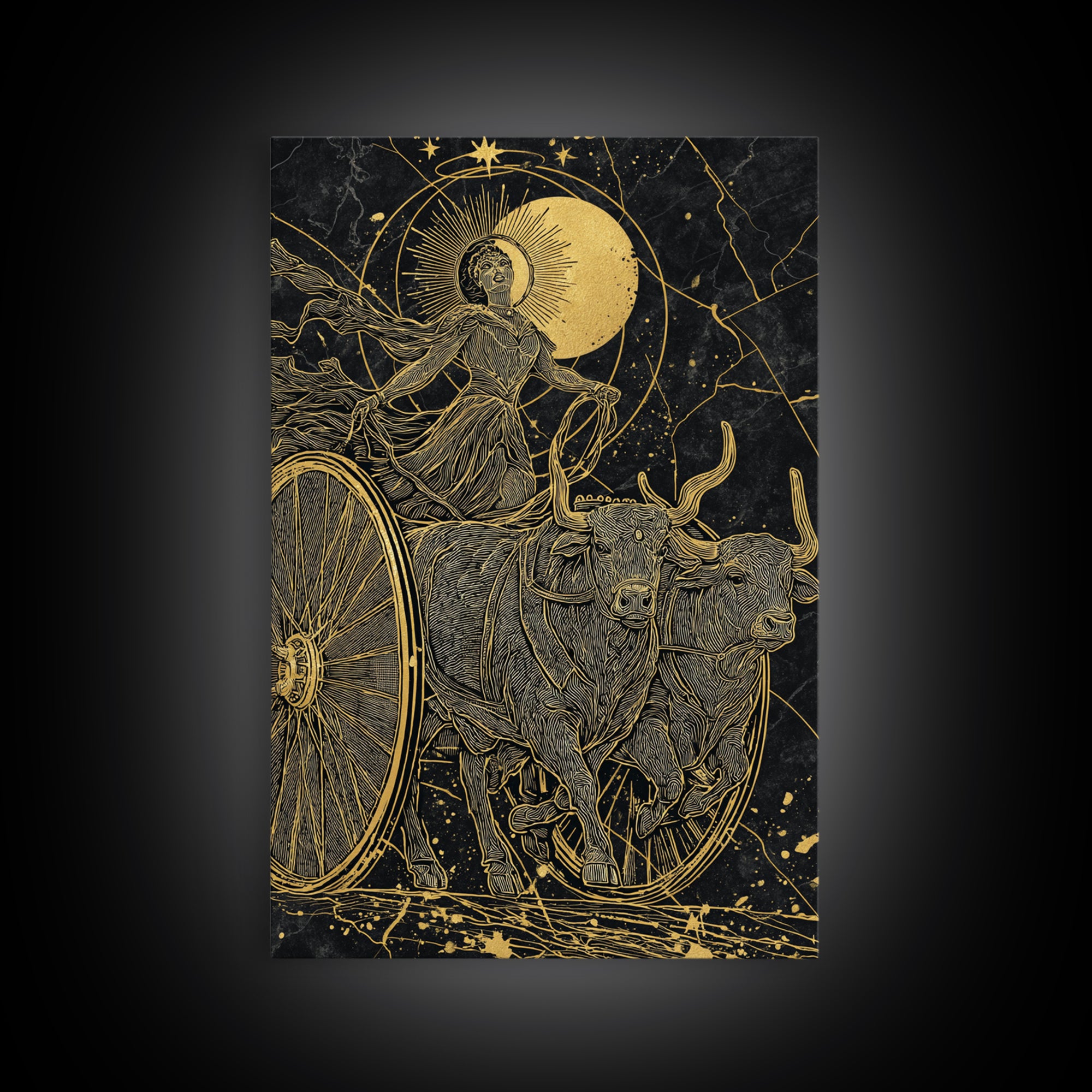 Selene Chariot Canvas Gold Canvas Print, Moon Goddess Art, Real Wood Frame, Mythology Decor, Celestial Canvas Artwork