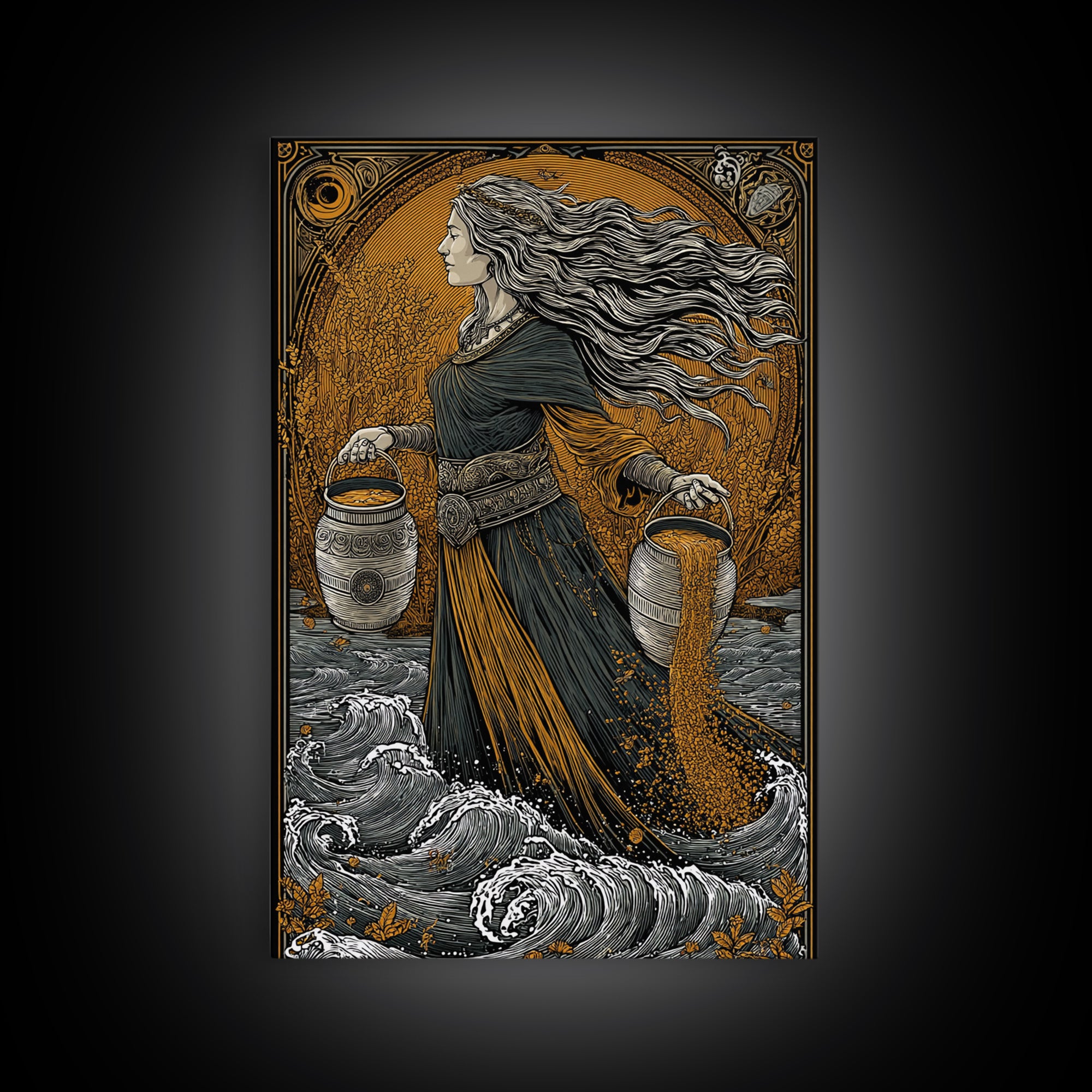Aquarius Goddess Canvas Gold Canvas Print, Mythology Wall Art, Luxury Astrology Artwork, Real Wood Frame, Unique Home Decor