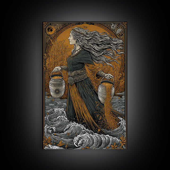 Aquarius Goddess Canvas Gold Canvas Print, Mythology Wall Art, Luxury Astrology Artwork, Real Wood Frame, Unique Home Decor