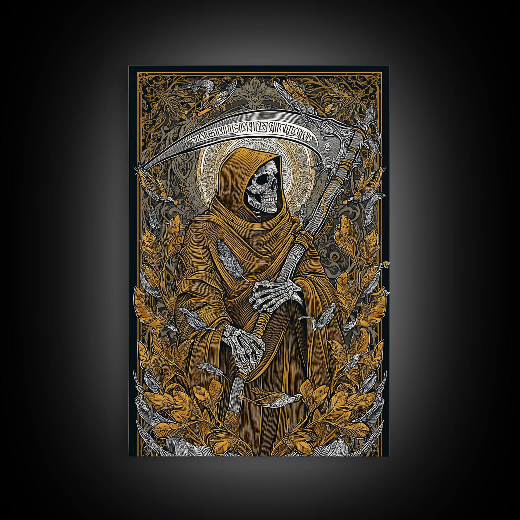Grim Reaper Canvas Gold Canvas Print, Gothic Mythology Wall Art, Skeleton With Scythe Artwork, Real Wood Frame, Dark Decor