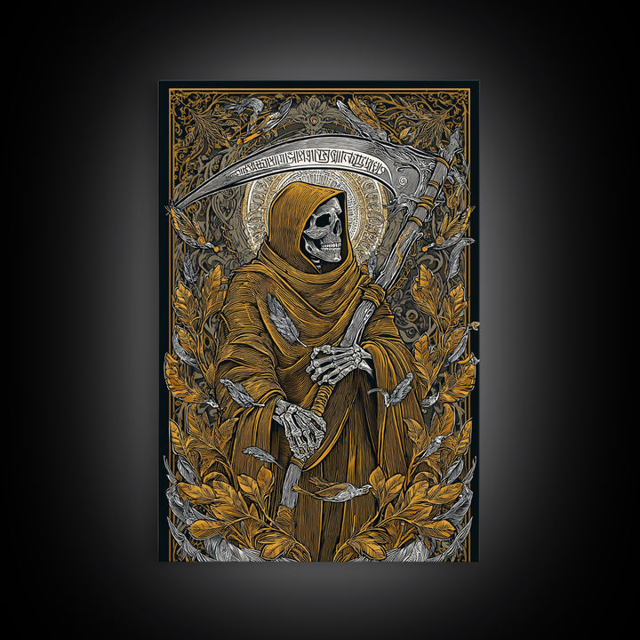 Grim Reaper Canvas Gold Canvas Print, Gothic Mythology Wall Art, Skeleton With Scythe Artwork, Real Wood Frame, Dark Decor