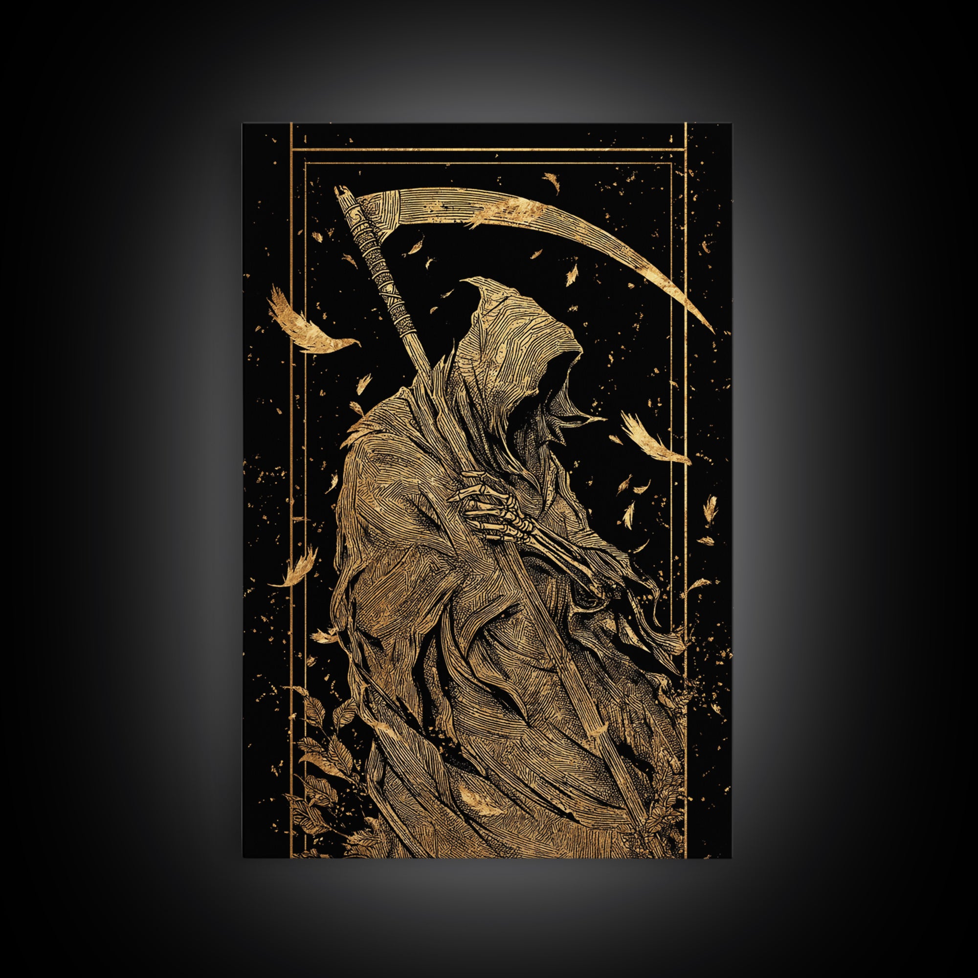 Death Figure Canvas Gold Canvas Print, Gothic Skeleton Wall Art, Grim Reaper Mythology Artwork, Real Wood Frame, Dark Decor