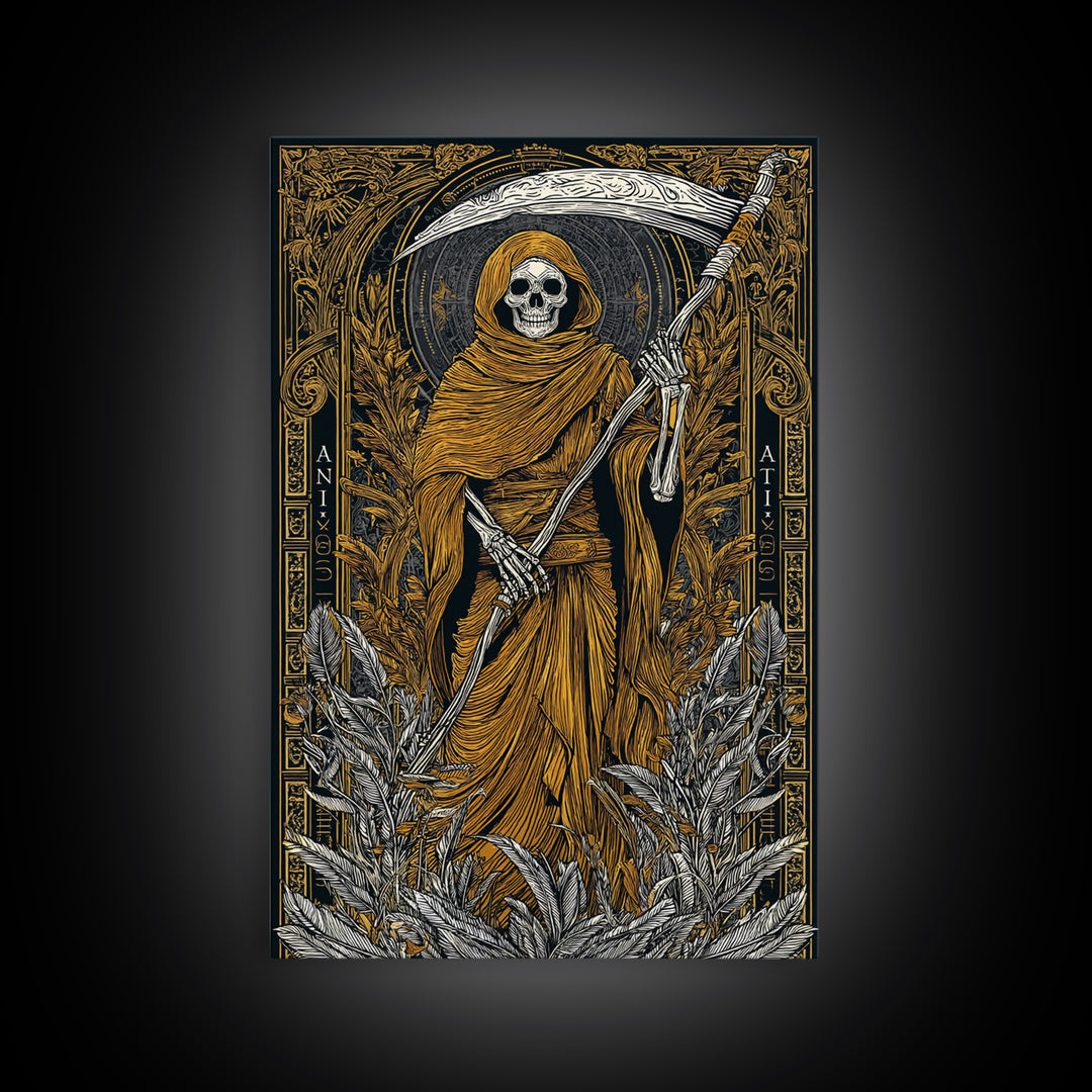 Hooded Skeleton Canvas Gold Canvas Print, Grim Reaper Gothic Wall Art, Dark Mythology Artwork, Real Wood Frame, Unique Decor