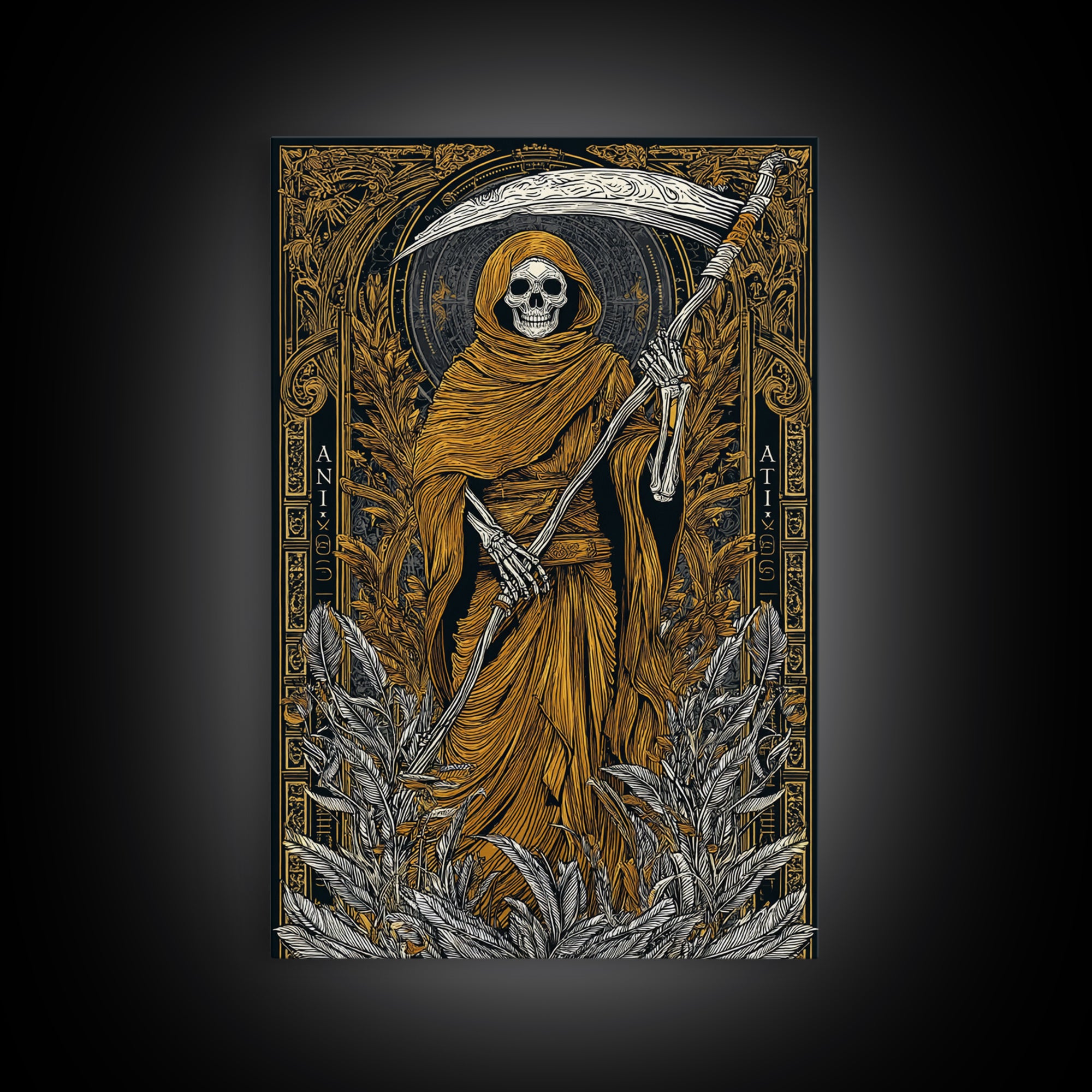 Hooded Skeleton Canvas Gold Canvas Print, Grim Reaper Gothic Wall Art, Dark Mythology Artwork, Real Wood Frame, Unique Decor