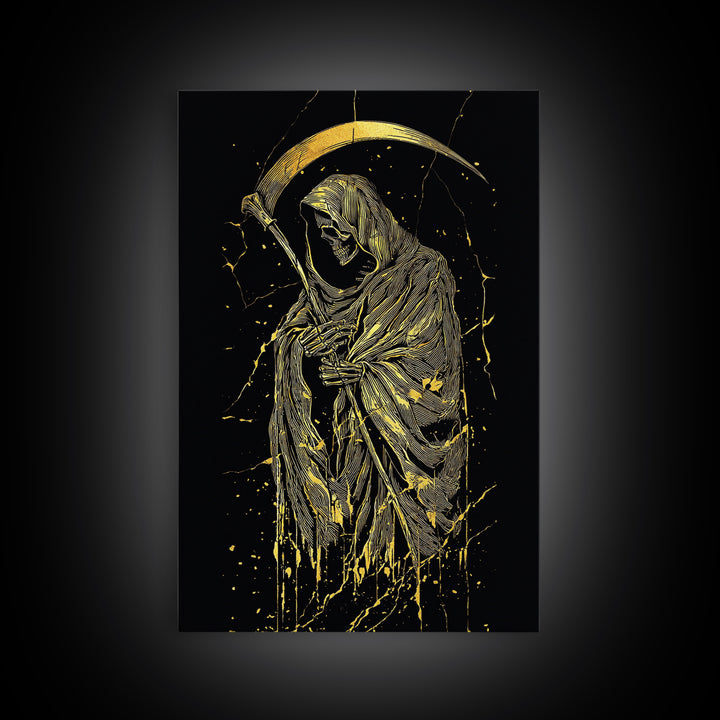 Skeleton With Scythe Canvas Gold Canvas Print, Gothic Mythology Artwork, Grim Reaper Wall Art, Real Wood Frame, Macabre Decor