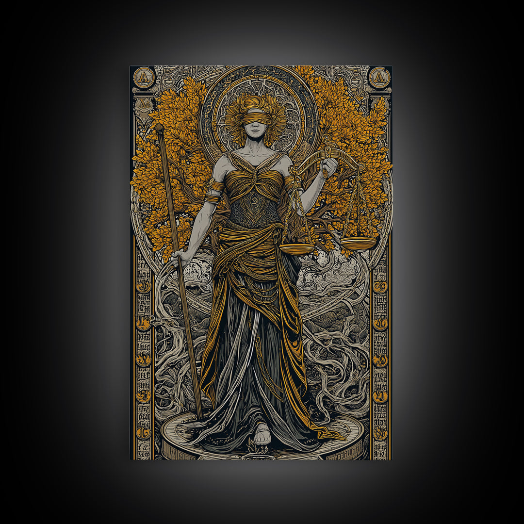 Lady Justice Canvas Gold Canvas Print, Mythology Goddess Wall Art, Scales Of Justice Artwork, Real Wood Frame, Elegant Decor