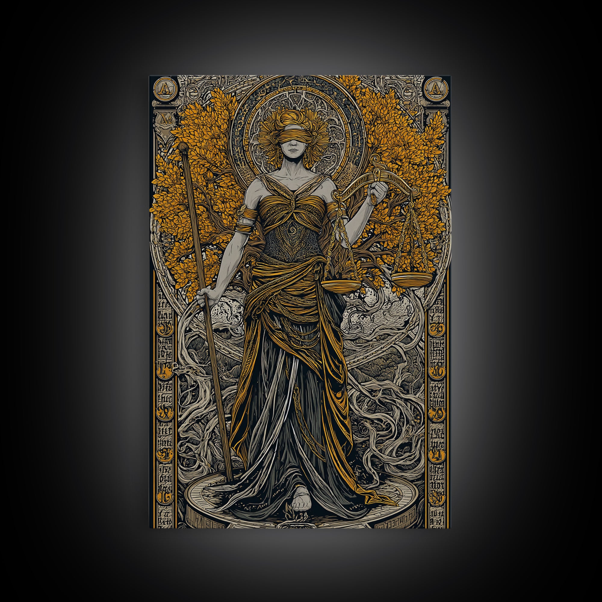 Lady Justice Canvas Gold Canvas Print, Mythology Goddess Wall Art, Scales Of Justice Artwork, Real Wood Frame, Elegant Decor