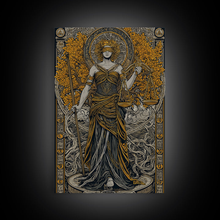 Lady Justice Canvas Gold Canvas Print, Mythology Goddess Wall Art, Scales Of Justice Artwork, Real Wood Frame, Elegant Decor