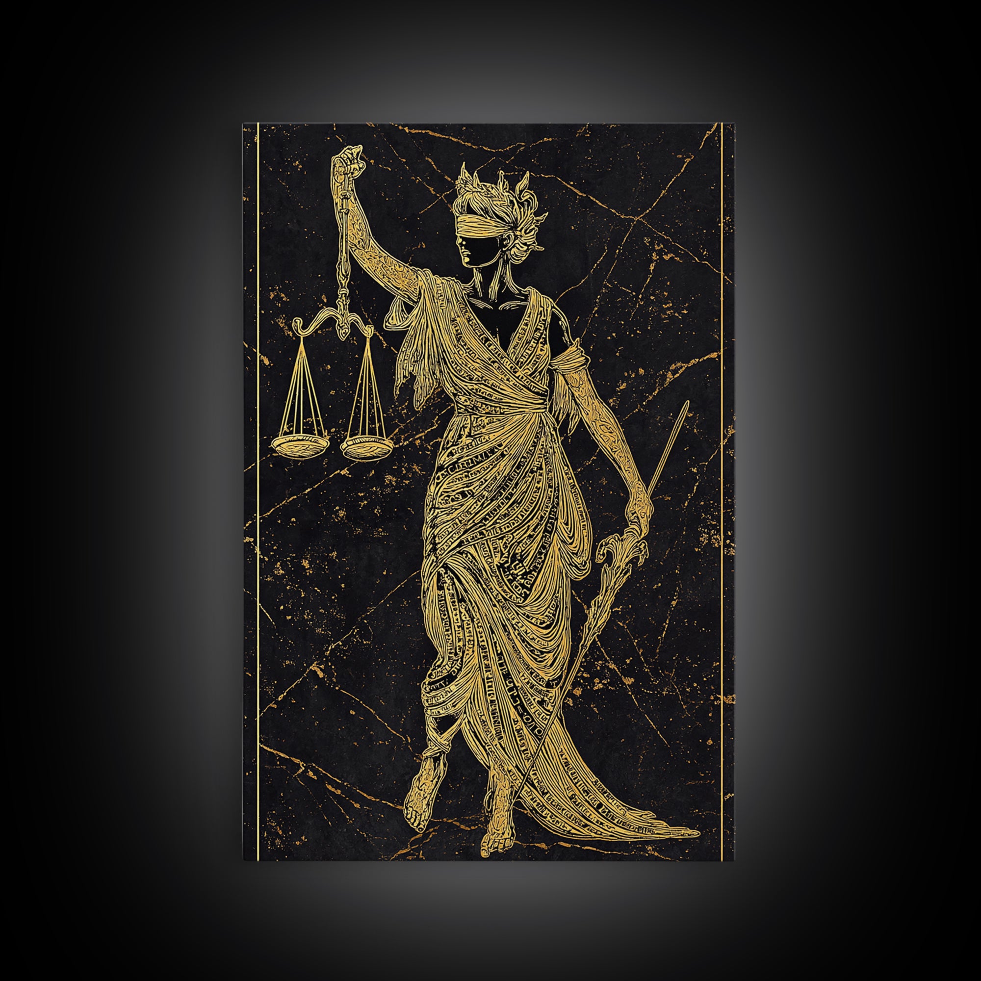 Justice Goddess Canvas Gold Canvas Print, Mythology Law And Order Wall Art, Balance Artwork, Real Wood Frame, Statement Decor