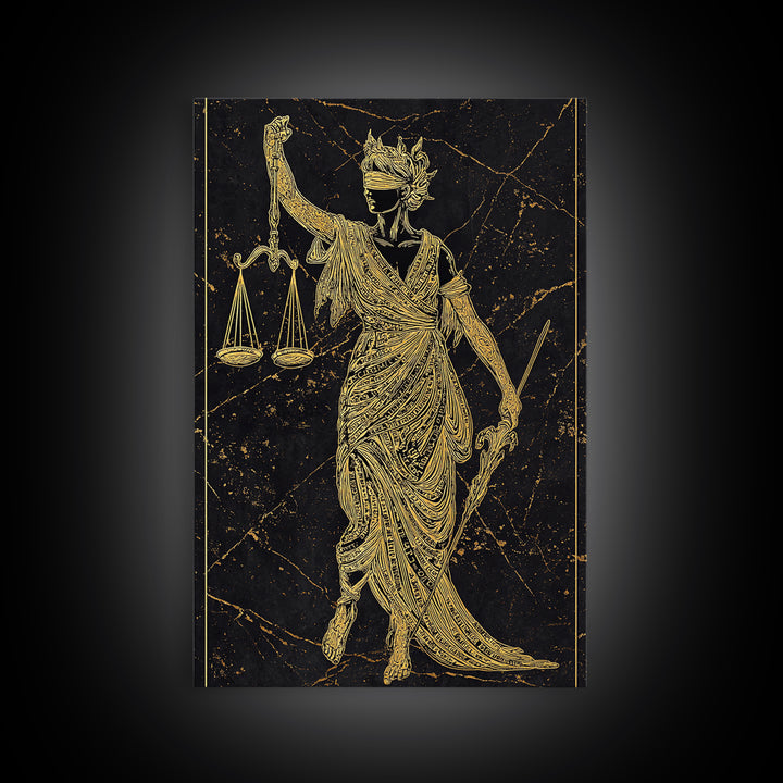 Justice Goddess Canvas Gold Canvas Print, Mythology Law And Order Wall Art, Balance Artwork, Real Wood Frame, Statement Decor