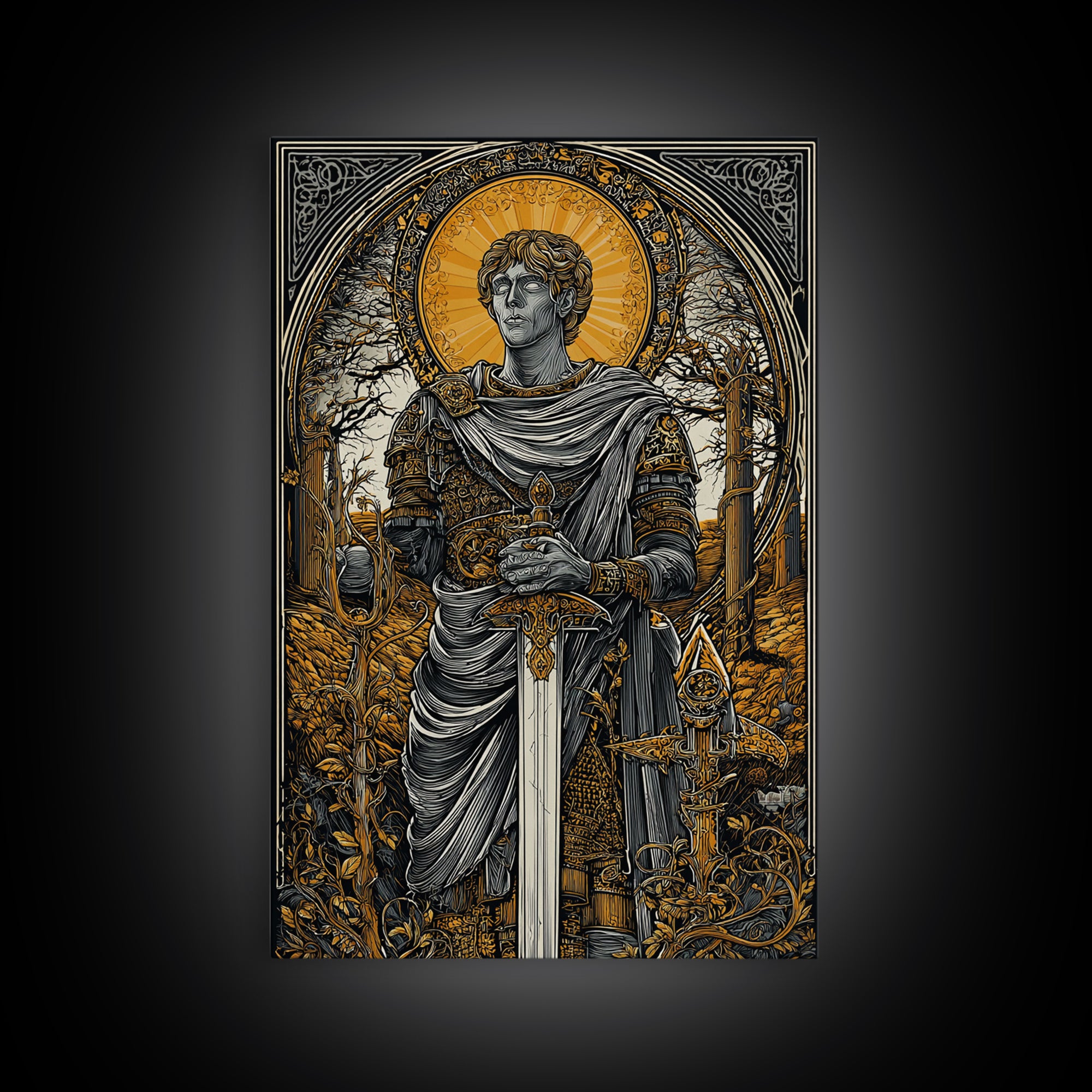 Roman Emperor Canvas Gold Canvas Print, Mythology Warrior Wall Art, Classical Sword Artwork, Real Wood Frame, Ancient Decor