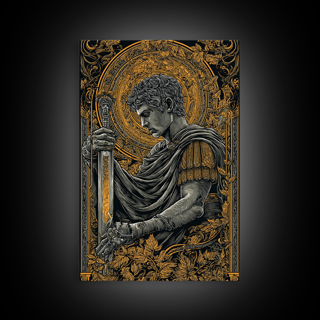 Divine Warrior Canvas Gold Canvas Print, Mythology Wall Art, Ancient Roman Decor, Historical Art Style, Elegant Framed Print