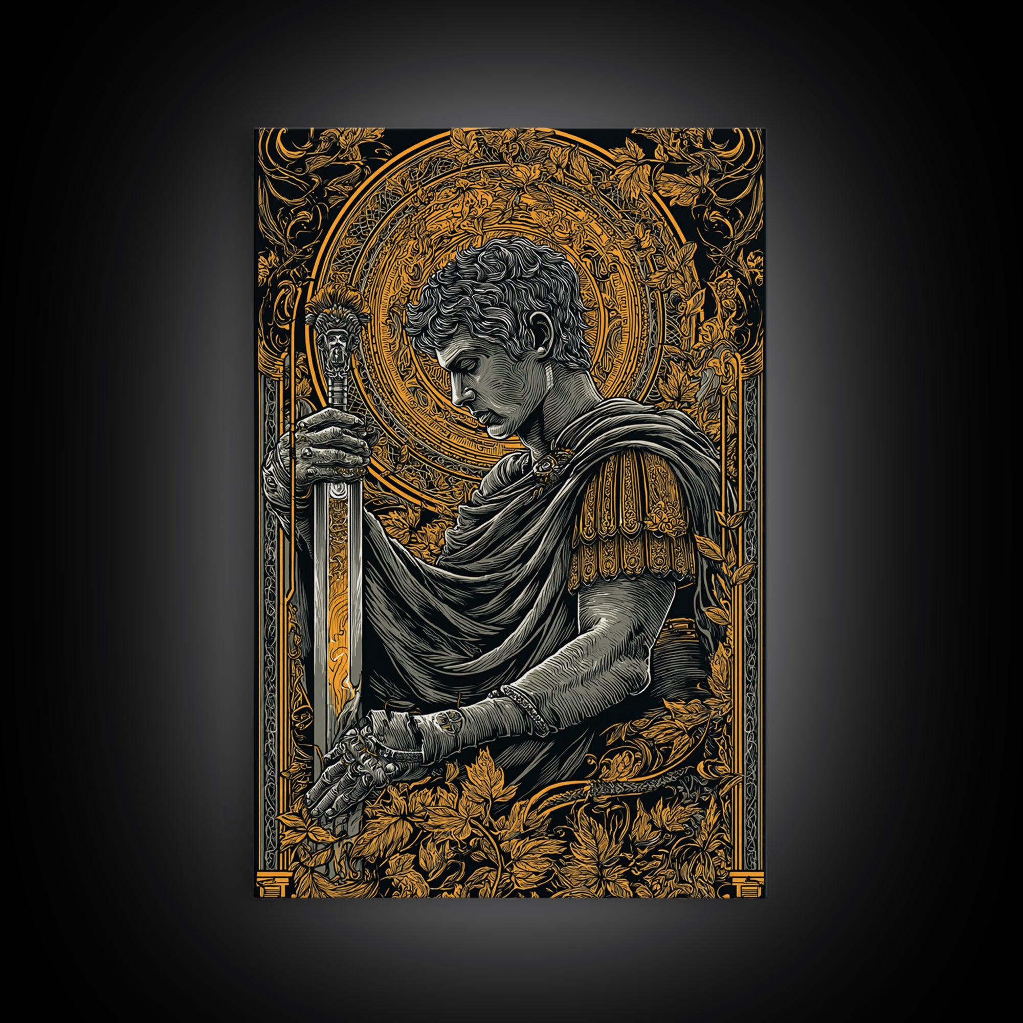 Divine Warrior Canvas Gold Canvas Print, Mythology Wall Art, Ancient Roman Decor, Historical Art Style, Elegant Framed Print