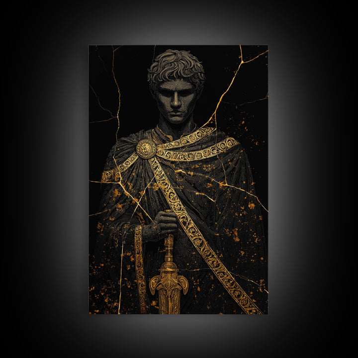 Gladiator Canvas Gold Canvas Print, Roman Warrior Wall Art, Ancient History Artwork, Mythology Inspired Home Decor, Real Wood Frame